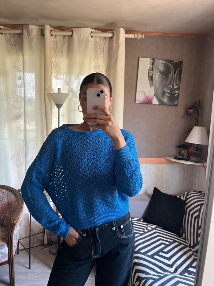 Top maille filet bleu vintage y2k 2000yer bohème champêtre country western - photo numéro 2