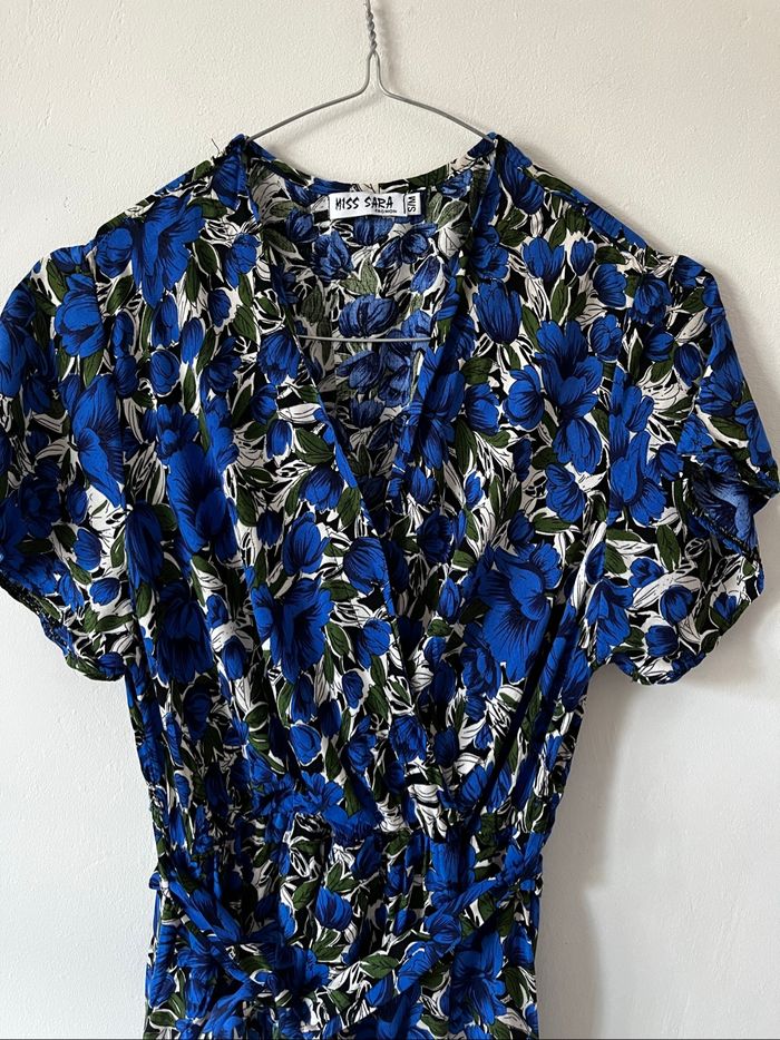 Robe longue et légère d’été manches courtes à imprimé floral bleu - photo numéro 9