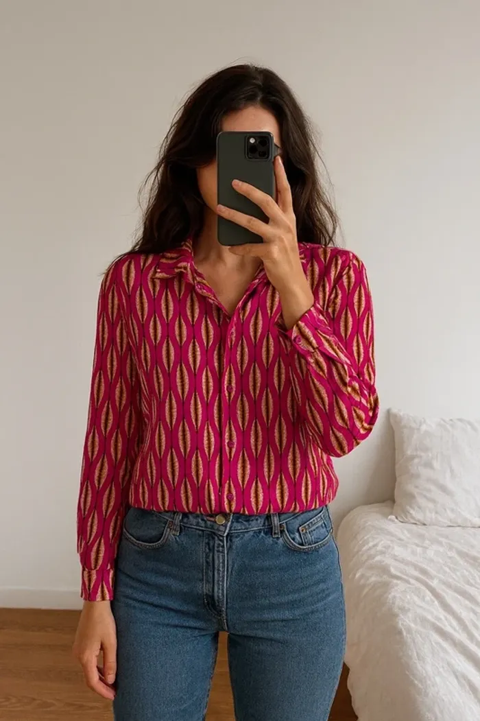 Chemise blouse rose shirt pink Surkana imprimé original Taille S/M