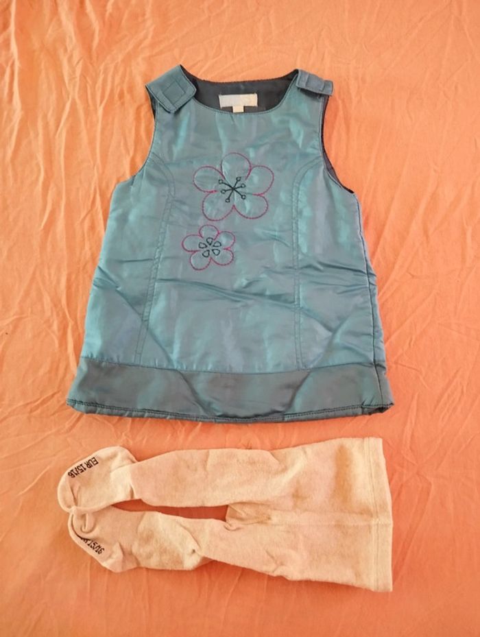 * Ensemble robe bleue chaude motif fleur + collant T6M TAO