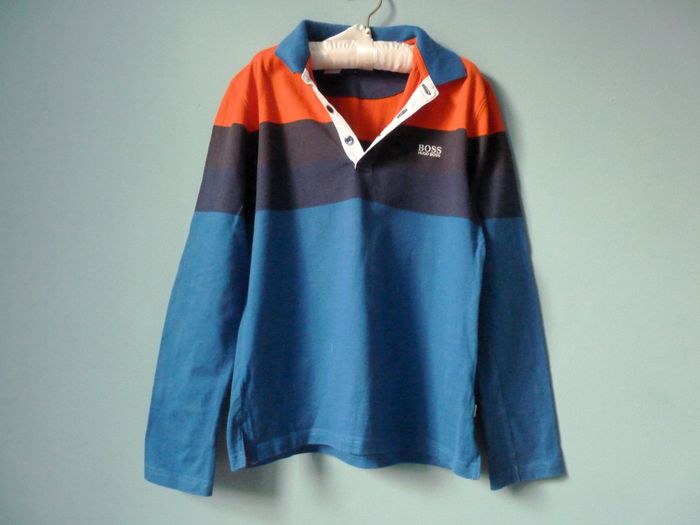 Polo garçon Hugo Boss 12 ans TBE bleu rayé manches longues