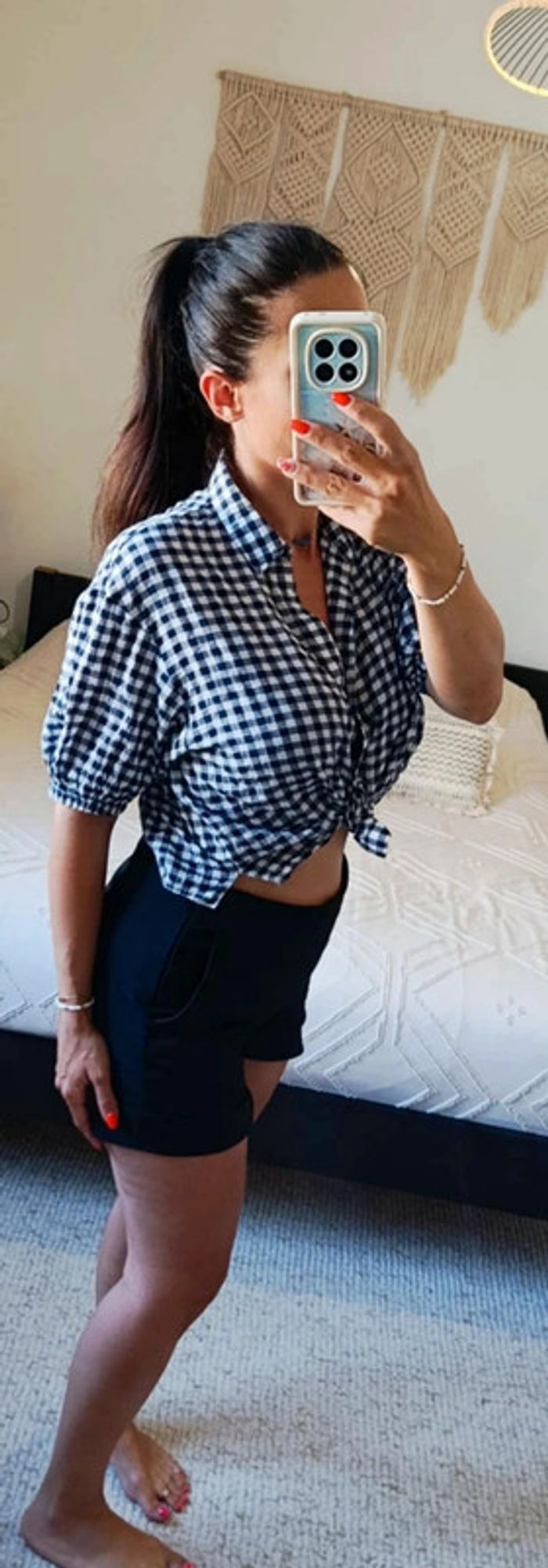 Chemisier court croc top Violeta by Mango L vichy bleu marine à carreaux coton élasthanne - photo numéro 2