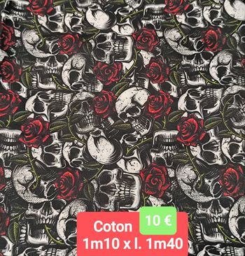 Coton crâne noir et roses