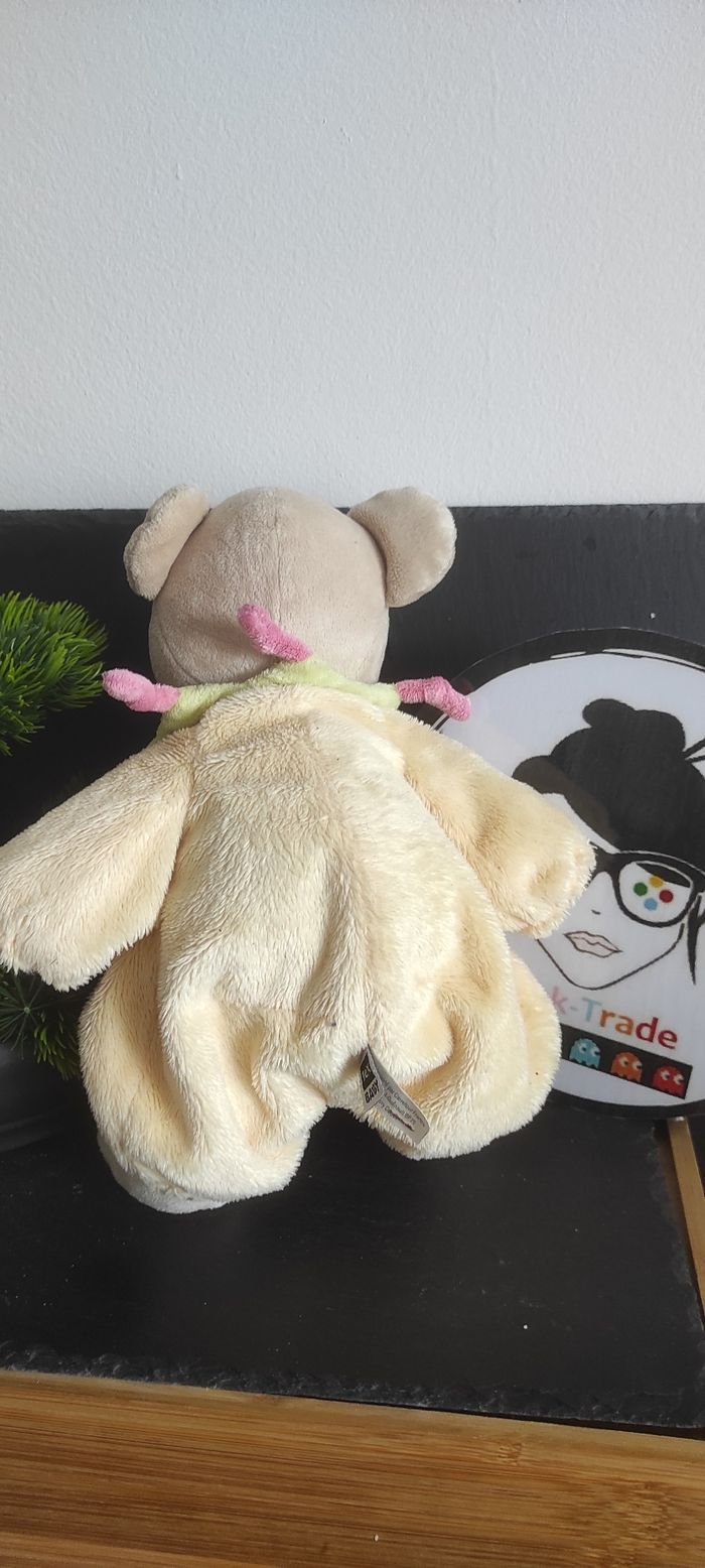 Doudou ours habit combinaison jaune avion col vert tex baby ancien peluche Rose - photo numéro 2