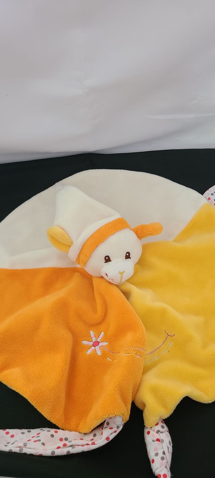 Doudou Plat Souris jaune orange blanc rond Fleur Gipsy - photo numéro 2