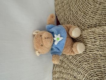 Doudou ours beige pull bleu fleur AJENA