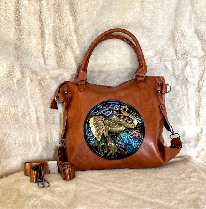 Sac bohème chic marron simili cuir éléphant gravé style ethnique voyage original neuf
