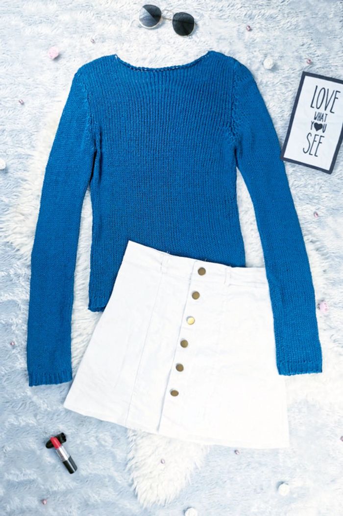 Pull décolleté bleu canard - T.XS ou T.34 🖤 - photo numéro 3