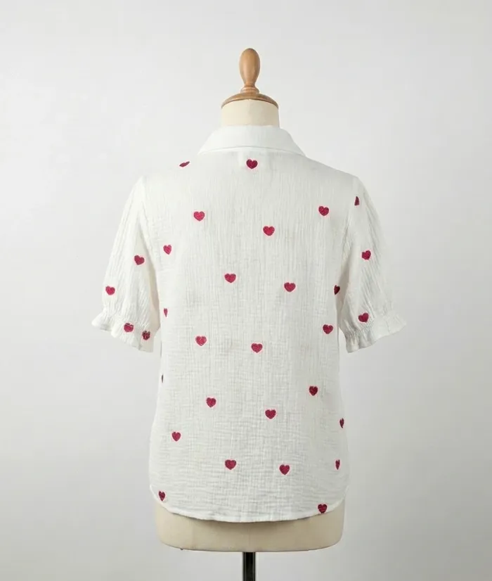 Blouse blanche en gaze de coton à cœurs rouges - Jubylee S/M - photo numéro 2