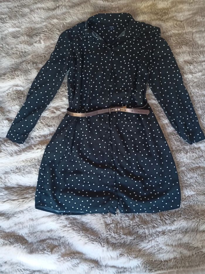 Robe chemise fluide courte femme noire à pois blancs t38- Kiabi - photo numéro 2