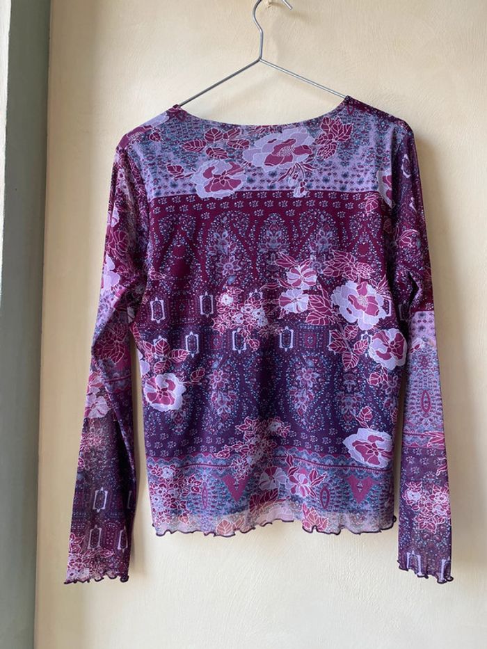 Top mesh à motifs bordeaux manches longues vintage L - photo numéro 3
