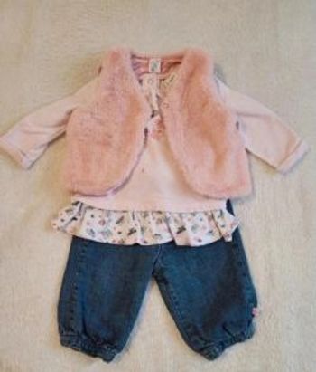 Ensemble bébé fille 3 pièces - Gilet fausse fourrure, Top & Jean - 6 mois