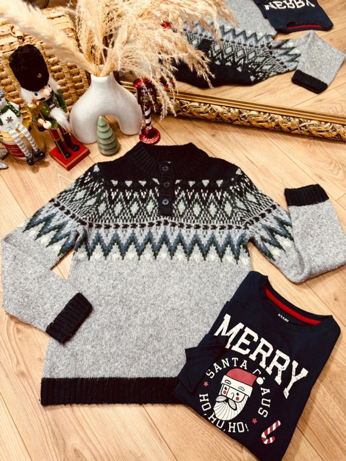Taille 8 ans pull et teeshirt Noël garçon Kiabi gris bleu marine * Père Noël * 🎄