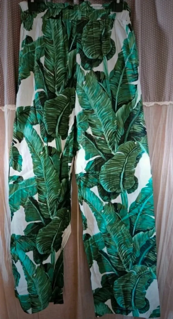 Pantalon jambes larges vert blanc feuilles Cherry Koko Taille L Neuf - photo numéro 4