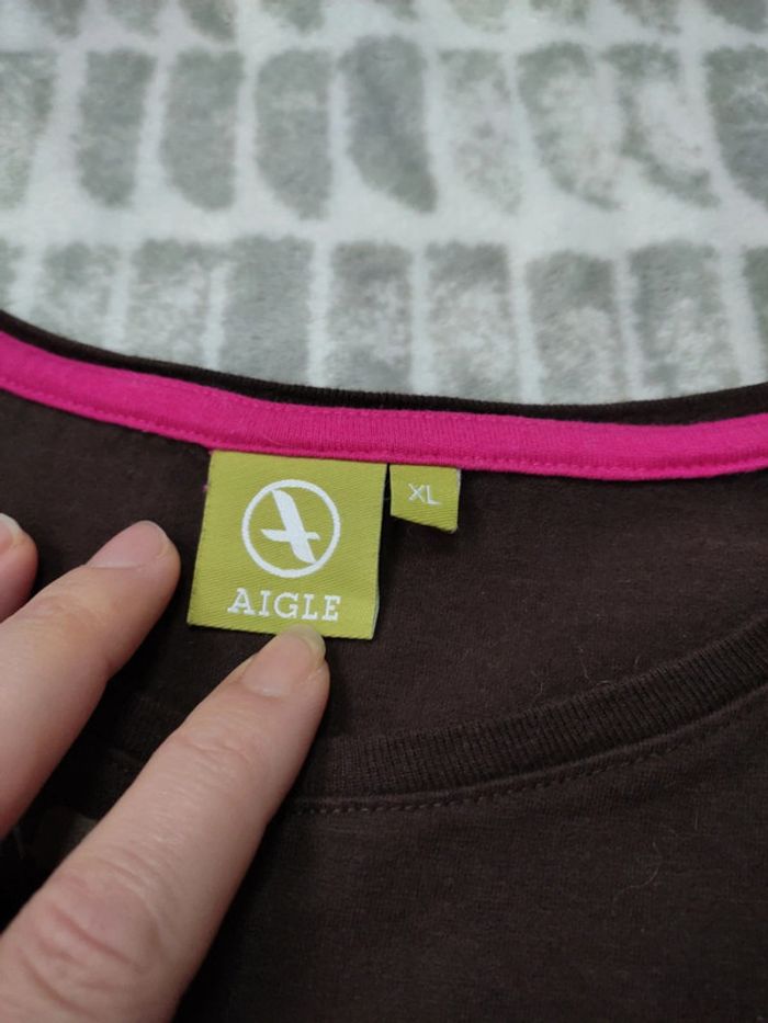 Sweat marron manches longues imprimé rose Aigle taille Xl 42 - photo numéro 3
