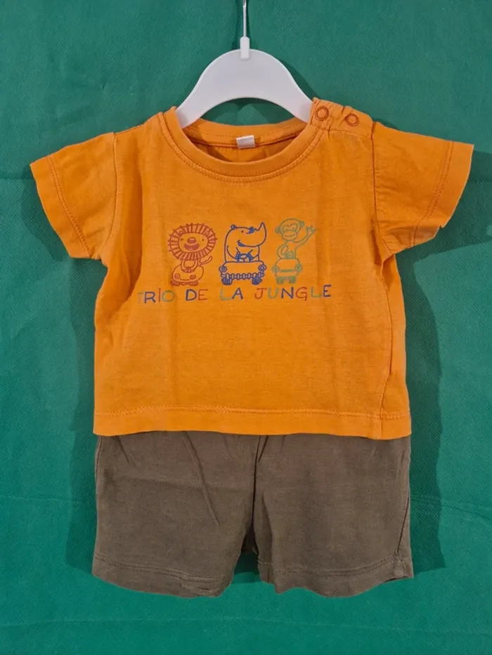 Ensemble bébé “Trio de la jungle” (t-shirt + short) orange kaki 3 mois Sans marque - photo numéro 3