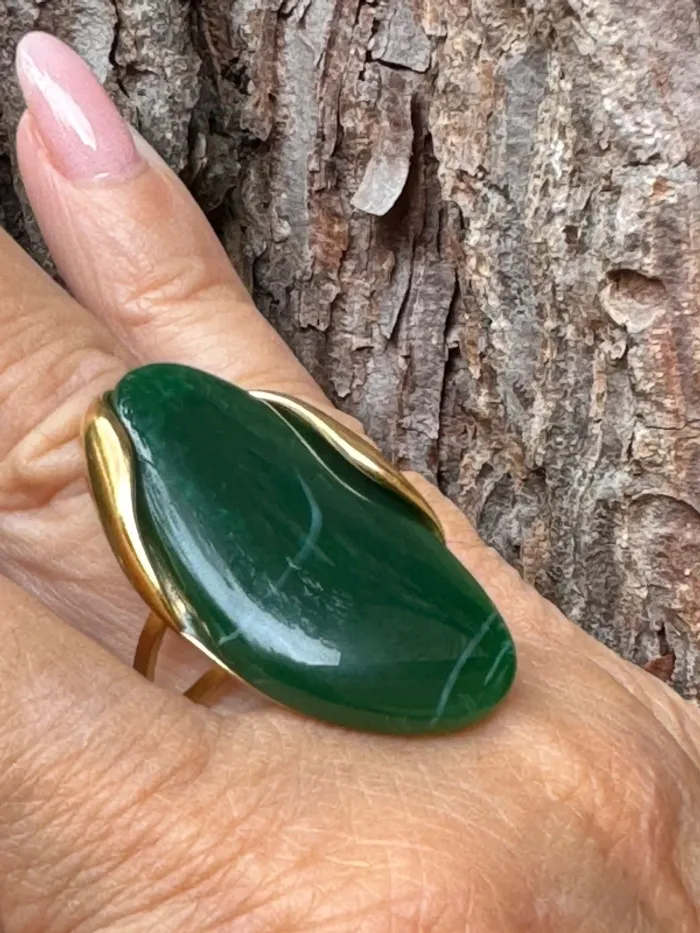 Grosse bague pierre verte acier inoxydable or réglable - photo numéro 2