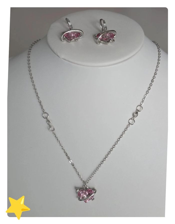 Ensemble Collier + boucle d'oreilles argenté cœur rose 45-50cm