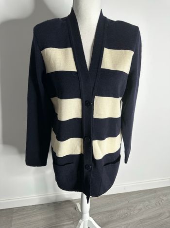 Cardigan marinière blanc crème et bleu marine laine vierge Tricomer Vintage T42/44 XL/XXL