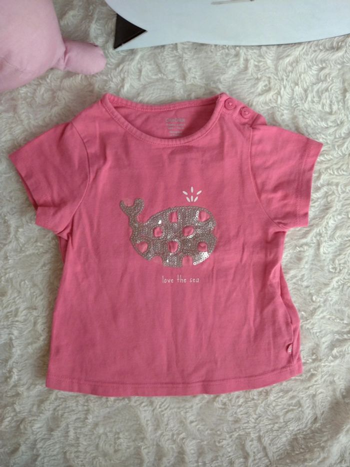 Tee shirt chemise manches courtes Fille 12 mois baleine Love the sea Obaïbi 100% coton - photo numéro 2