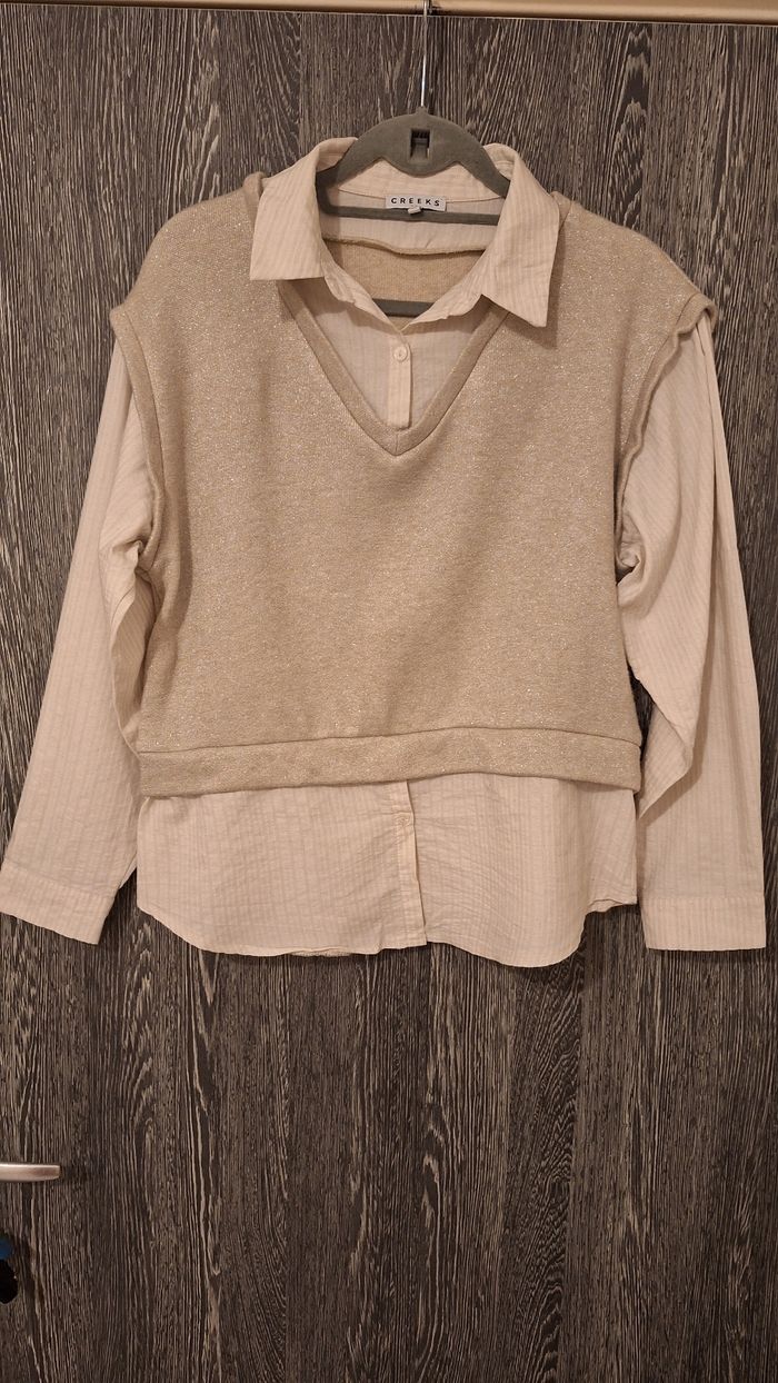 Pull chemise 2-en-1 rayé doré, beige et blanc