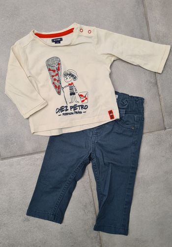 Ensemble T-shirt manches longues beige et pantalon bleu 6 mois