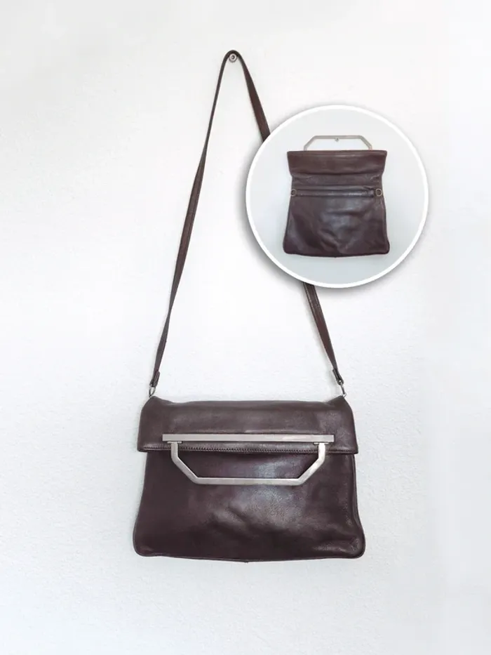 Pochette bandoulière détachable cuir marron anse argent 70-80 vintage - 27×24cm