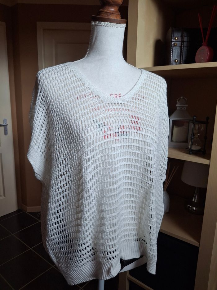 Pull blanc manches courtes maille ajourée neuf