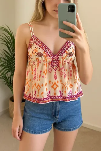 Top à bretelles imprimé ethnique brodé, neuf - Taille S