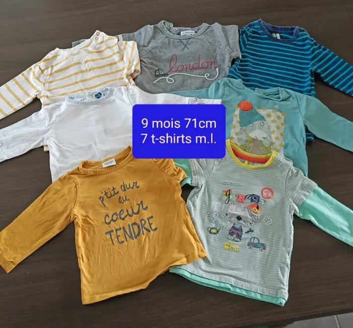 Lot 7 t-shirts manches longues garçon 9 mois 71 cm