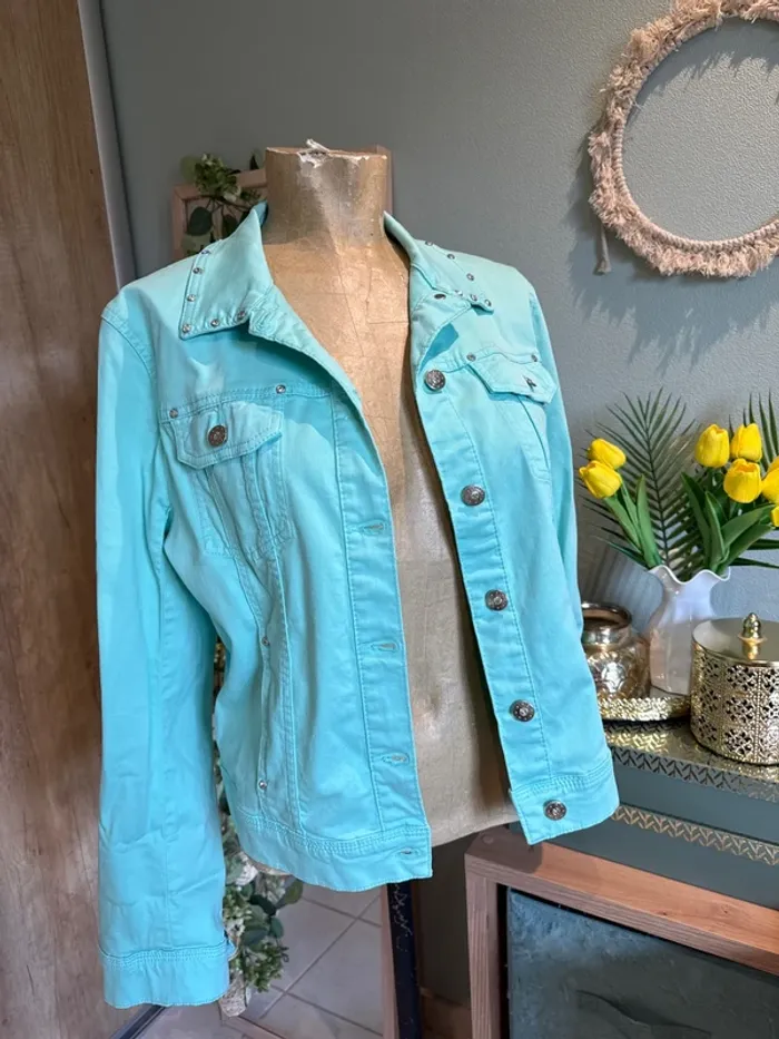 Jolie veste en jean vert turquoise femme