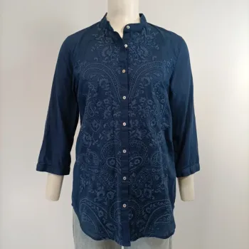 Chemise col Mao - broderie fleurs - 100% coton - Bleu marine - Massimo Dutti ; 34 A293