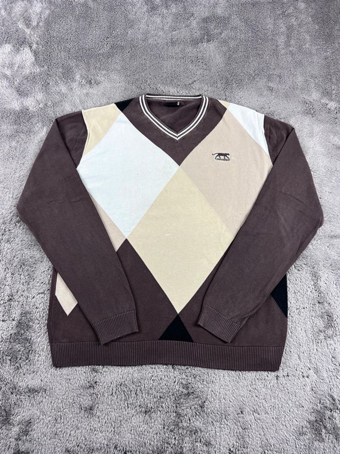 Pull Sweat col V Vintage Airness Marron Beige à Losanges 100% Coton Taille XL