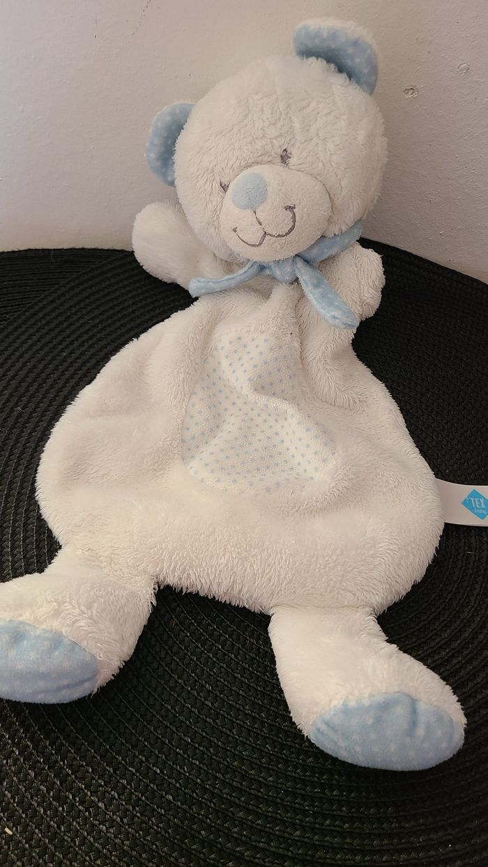 Doudou plat ours blanc bleu pois TEX Baby Carrefour - photo numéro 2