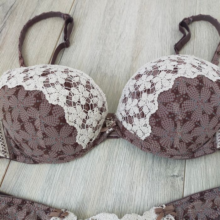Ensemble de lingerie etam soutien gorge 85c string taille 36 multicolore a motifs marron beige brodé - photo numéro 2