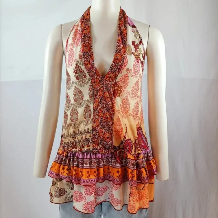 Top dos nu boho Mango imprimé multicolore volants – taille S
