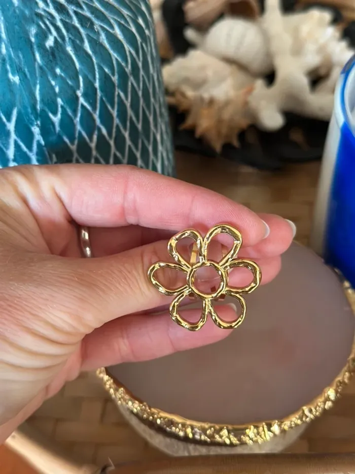 Bague fleur dorée style graphique – Acier inoxydable – Taille réglable – Neuf - photo numéro 6