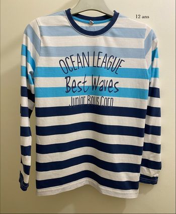 T-shirt manches longues à rayures bleu marine blanc turquoise marinière enfant garçon taille 12 ans