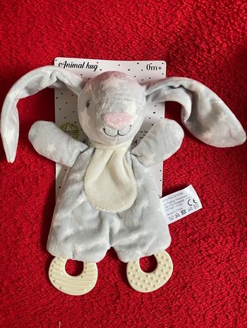 ZDT action doudou lapin gris blanc papier bruissant anneau dentition neuf