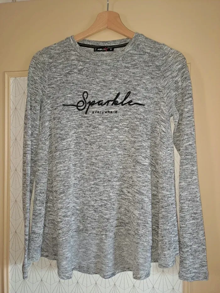 Joli pull tunique doux femme Fb Sister S gris moucheté évasé tbe