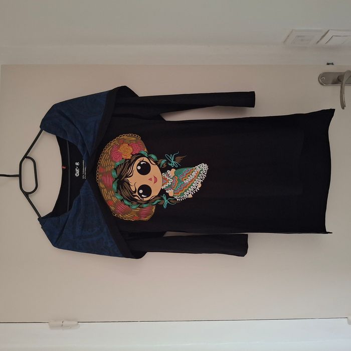T-shirt longue noir avec poupée mexicaine - Manches longues - Taille S/M - Made in Mexico - Ay Guen - photo numéro 2
