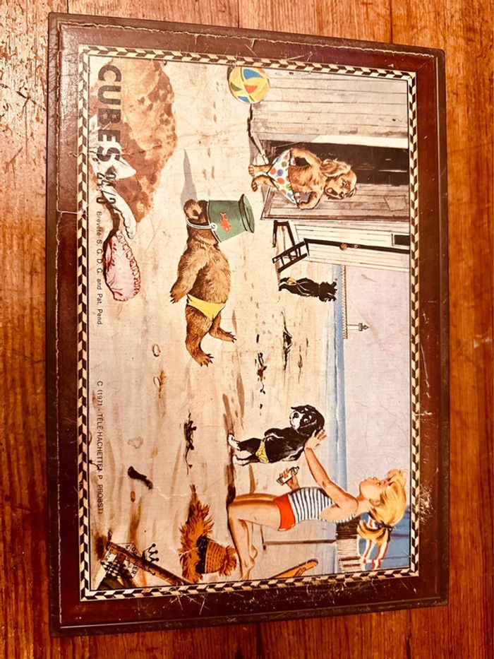 RARE Coffret bois de 24 cubes vintage des Albums Aventures de Caroline Pierre Probst Hachette