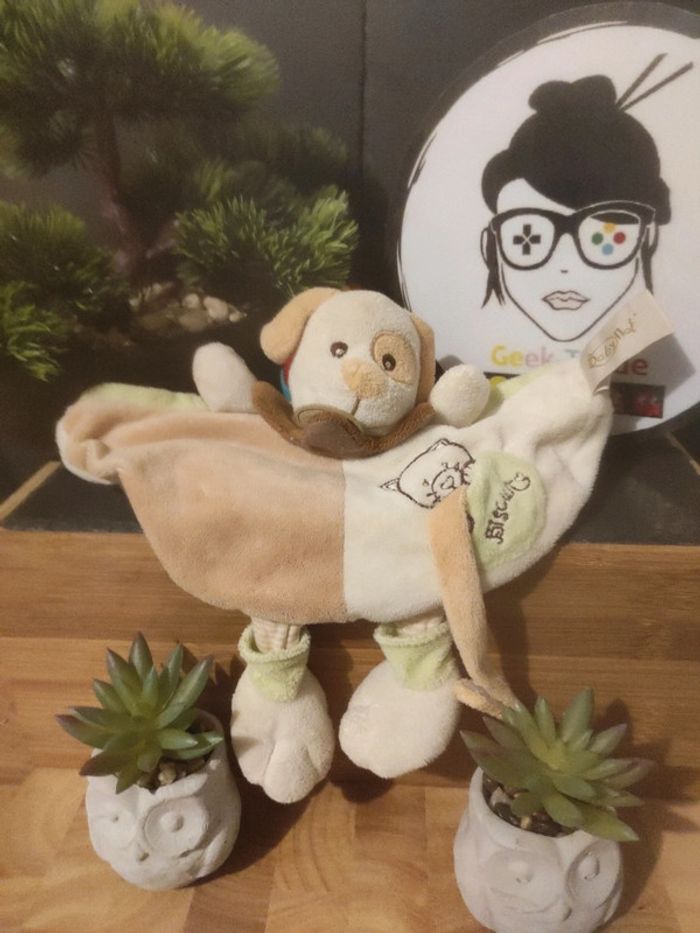 Doudou Chien Baby Nat' Biscuit Chat Rond Beige Plat mouchoir #geektradedoudou