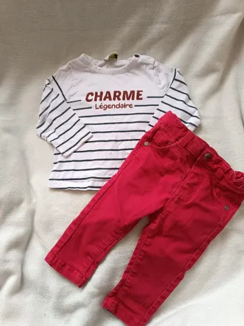 🎀 jolie ensemble tape a l'oeil 6 mois jeans rouge haut blanc rayé 🎀
