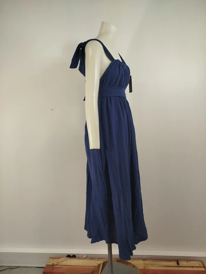 Robe longue Quintessence bleue gaze de coton made in France taille unique bretelles nouées A1615 - photo numéro 13
