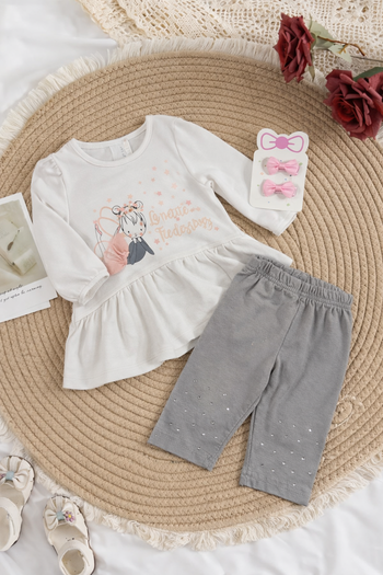 Ensemble bébé fille 6 mois – Tunique lapin + legging gris + barrettes roses - Très bon état 6-9 mois