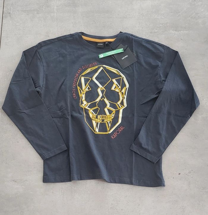 T-shirt manches longues garçon bleu marine et jaune taille 14 ans Kaporal