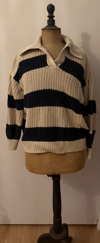 Pull col polo rayé Primark M (40/42) écru marine