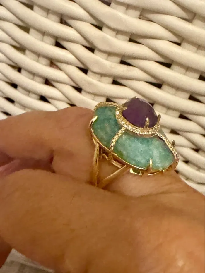 Grosse bague habaha Paris acier inoxydable or jade vert améthyste zircons réglable - photo numéro 2