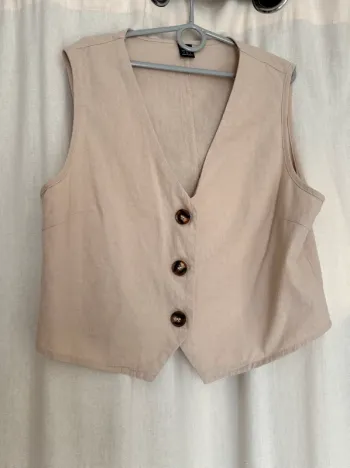 Haut veste tailleur sans manches effet lin marron Shein
